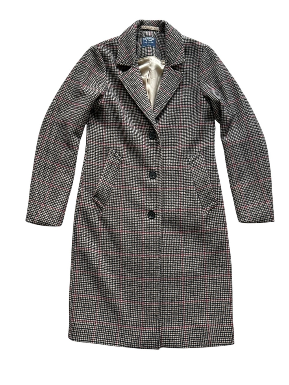 Abercrombie & Fitch S Wool Blend Houndstooth Plaid Dad Coat Longline Preppy Chic